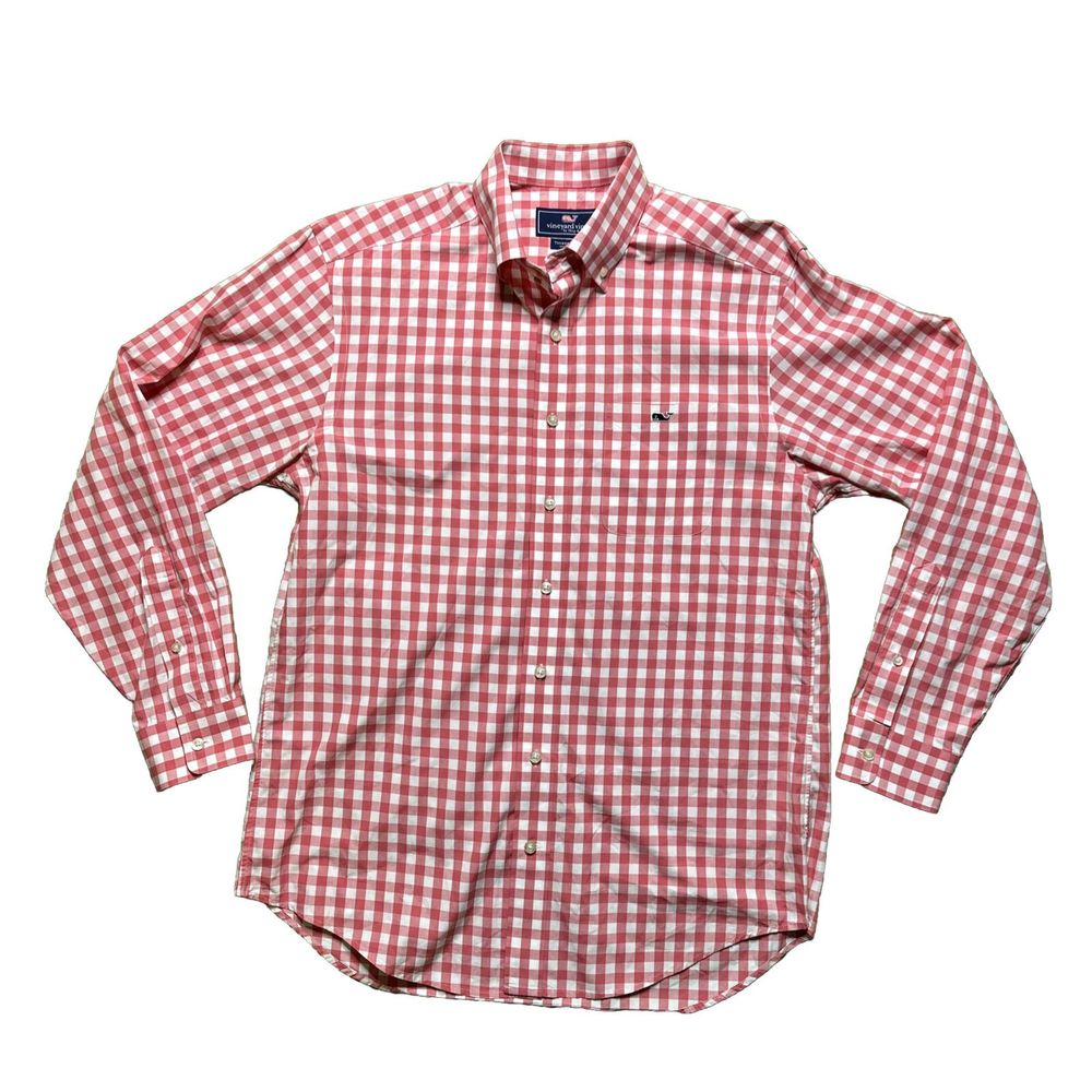 Vineyard Vines Smith's Bay Gingham Tucker Shirt Men’s Size M Pink Long Sleeve